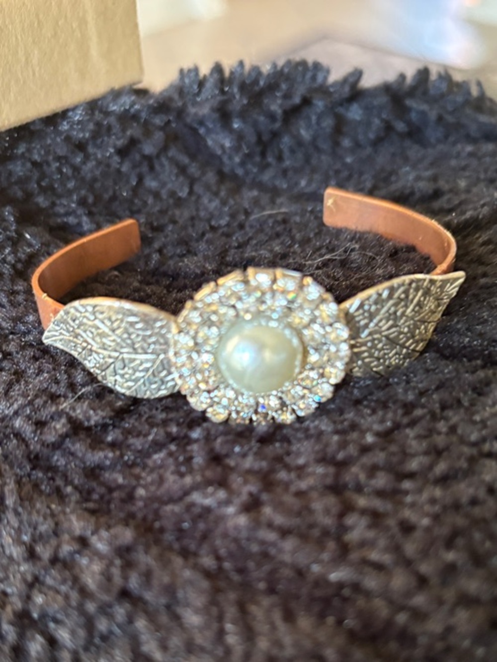 Leaf-Accent Pearl Cuff Bracelet in Copper , Crystals and Silver